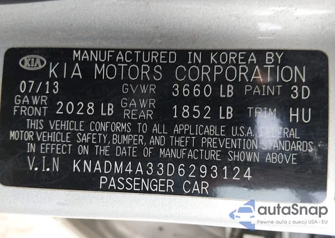 2013 Kia Rio Lx z USA, uszkodzony, nr VIN KNADM4A33D6293124